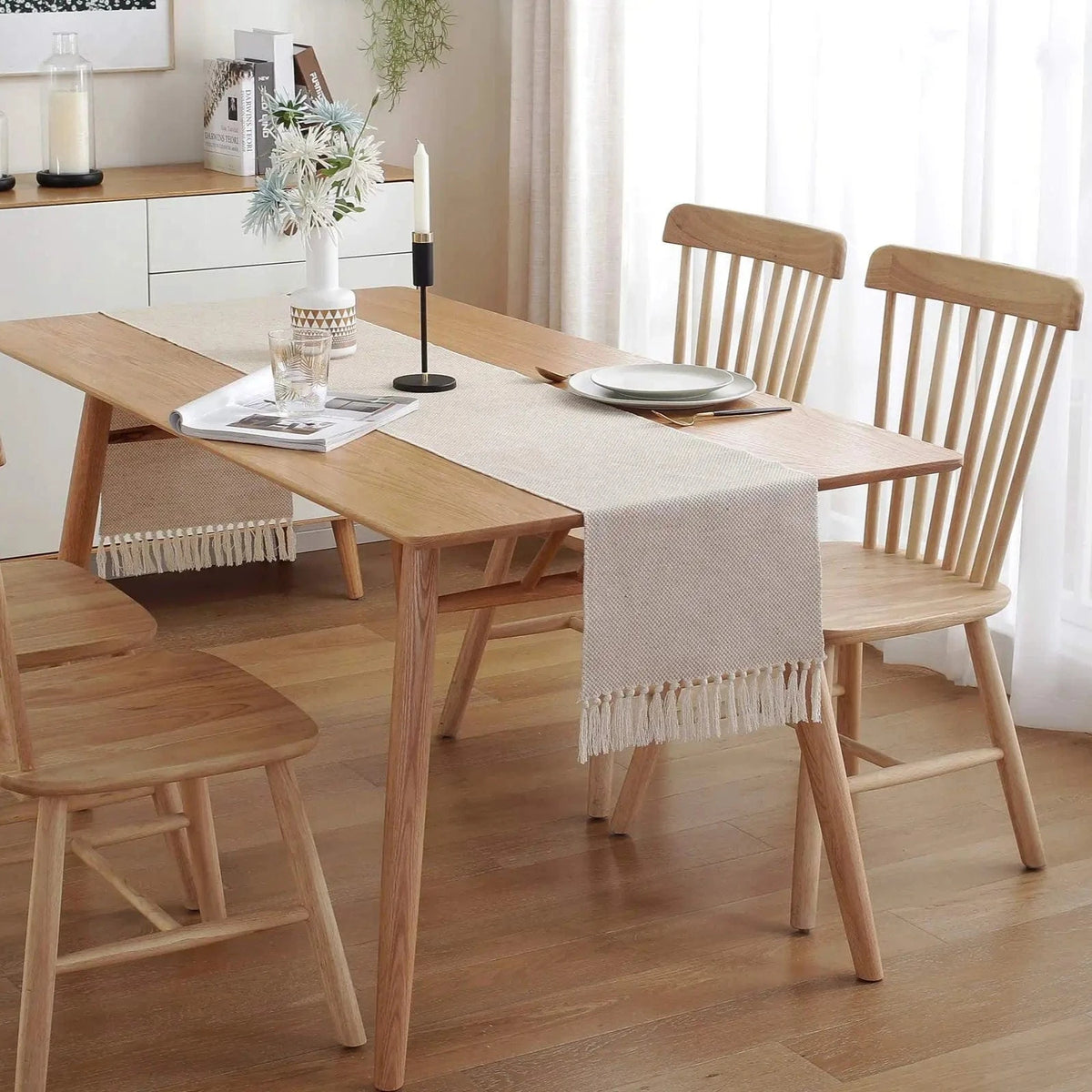 Chemin de Table Lin Beige - Tissage Artisanal Franges Naturel