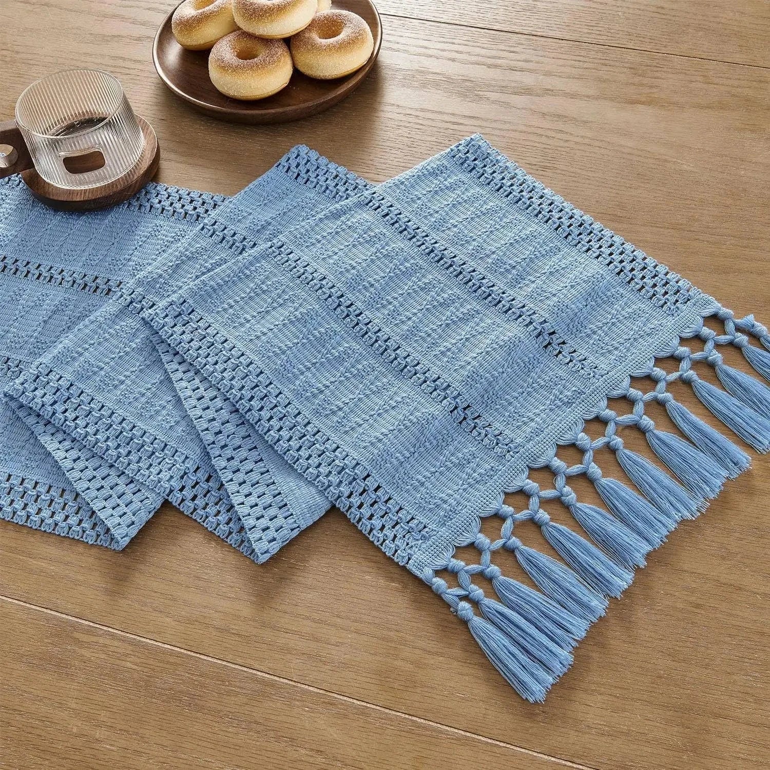 Chemin de Table Lin Bleu - Tissage Ajouré Sérénité Céleste