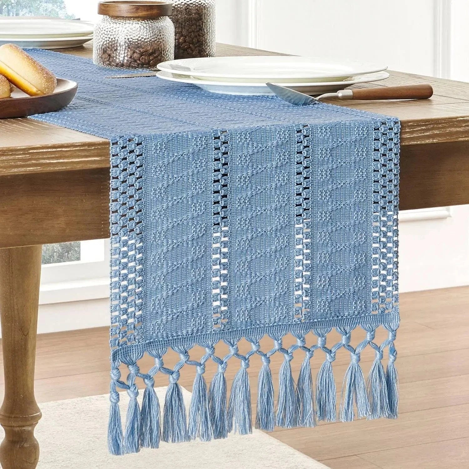 Chemin de Table Lin Bleu - Tissage Ajouré Sérénité Céleste
