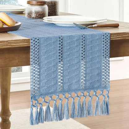 Chemin de Table Lin Bleu - Tissage Ajouré Sérénité Céleste