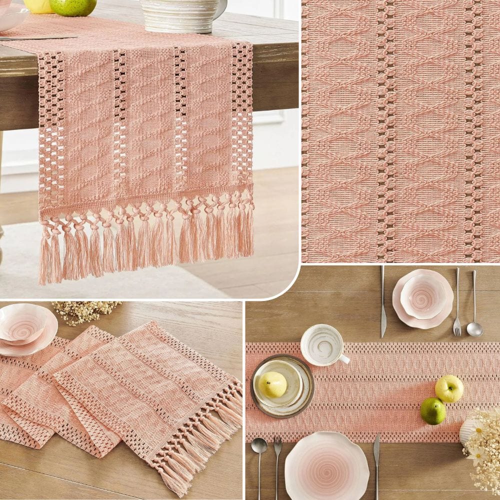 Chemin de Table Lin Rose - Tissage Ajouré Romance Dramatique