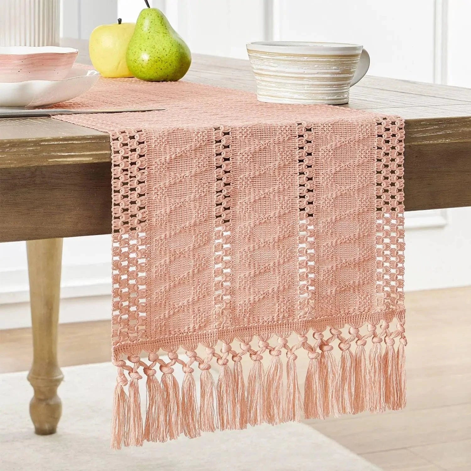 Chemin de Table Lin Rose - Tissage Ajouré Romance Dramatique