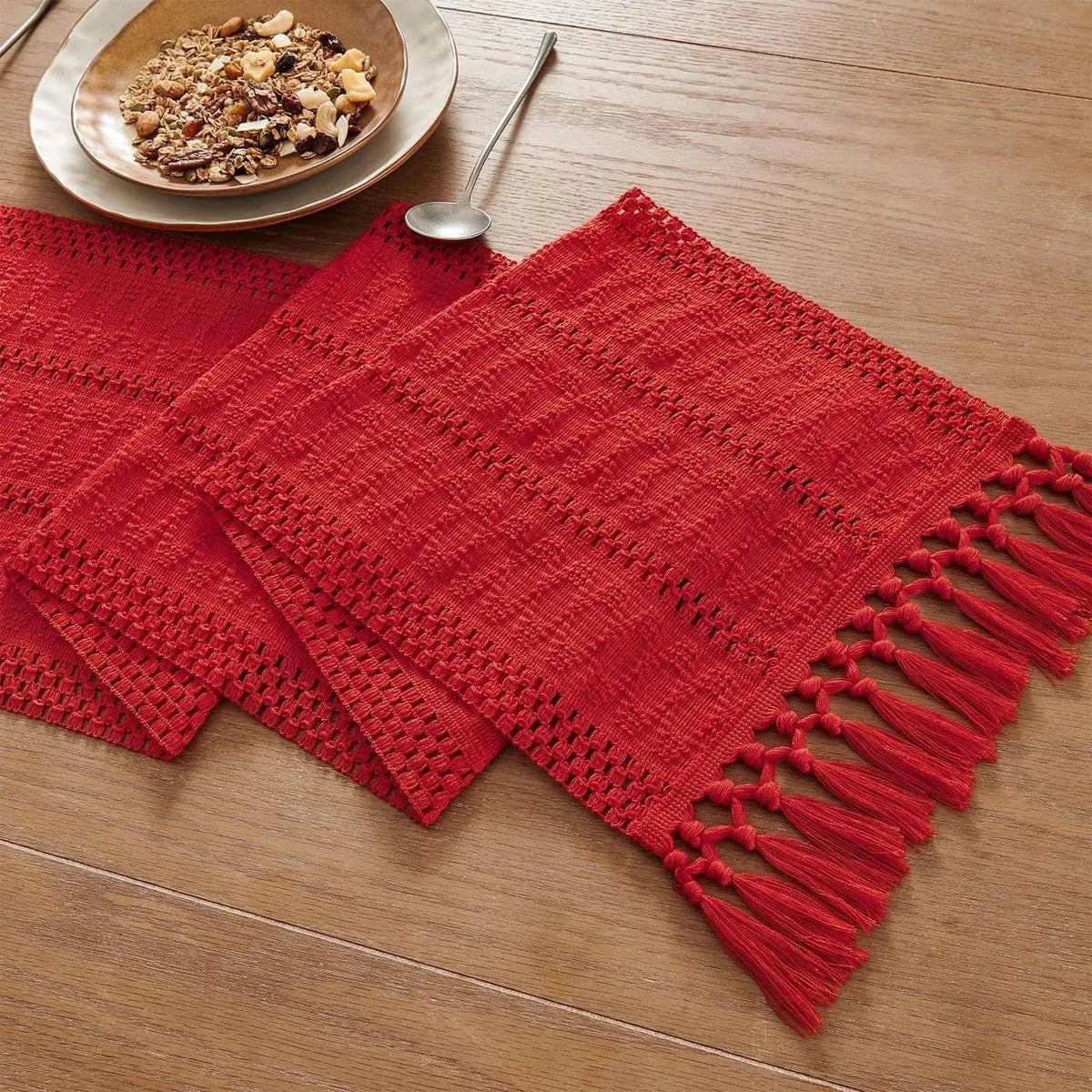 Chemin de Table Lin Rouge - Tissage Passion Franges Dramatique