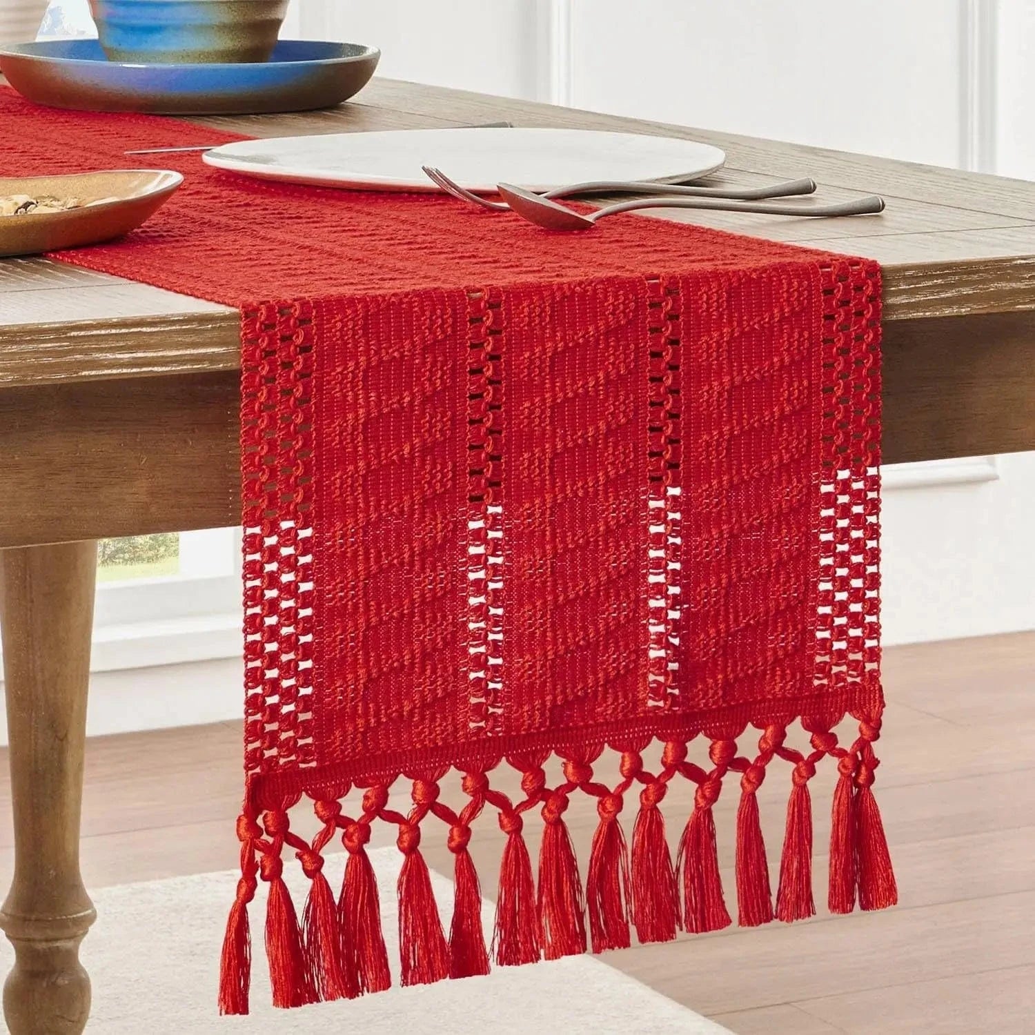 Chemin de Table Lin Rouge - Tissage Passion Franges Dramatique