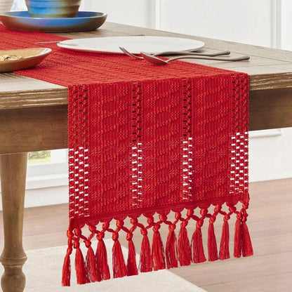 Chemin de Table Lin Rouge - Tissage Passion Franges Dramatique