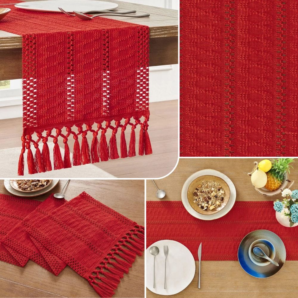 Chemin de Table Lin Rouge - Tissage Passion Franges Dramatique