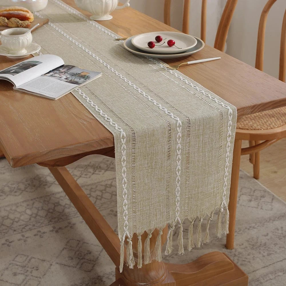 Chemin de Table Lin Taupe - Tissage Tressé Élégance Intemporelle