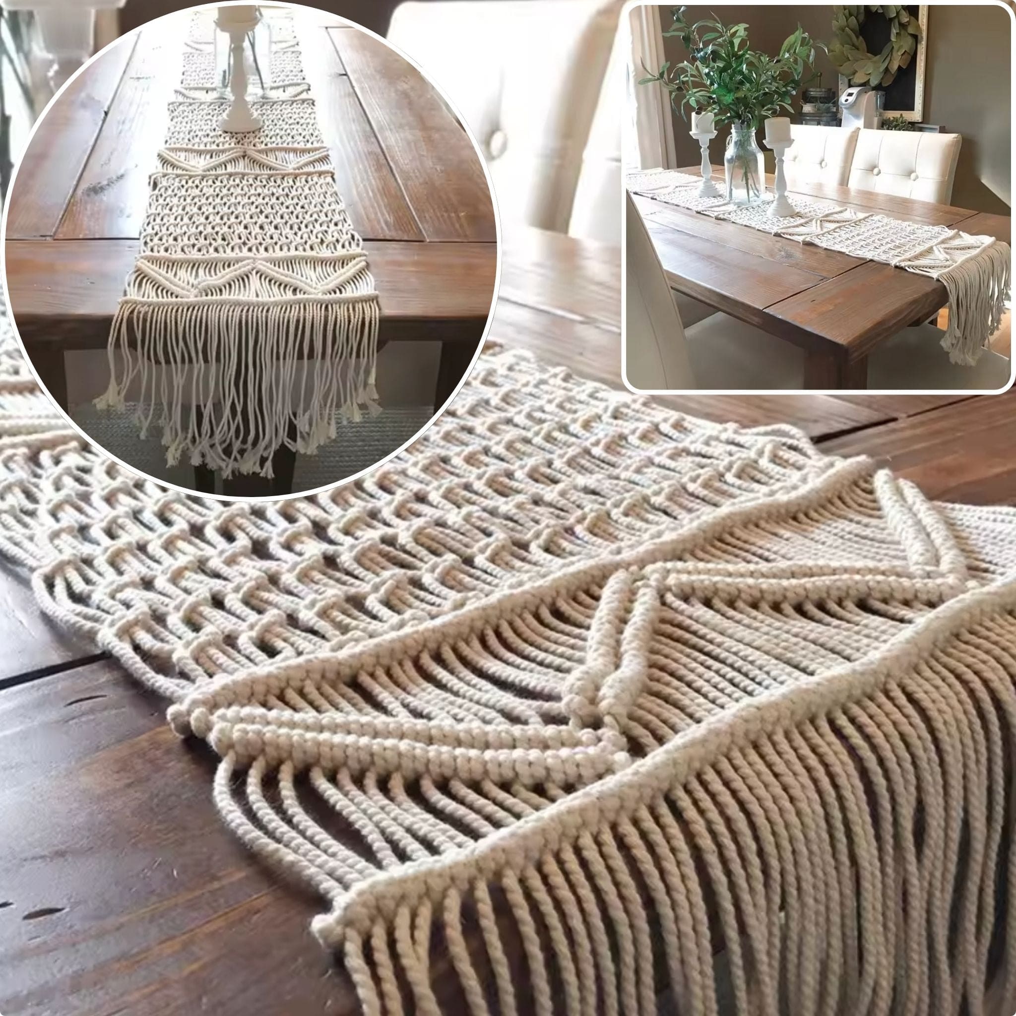 Chemin de Table Macramé Bohème - Tissage Artisanal 100% Coton