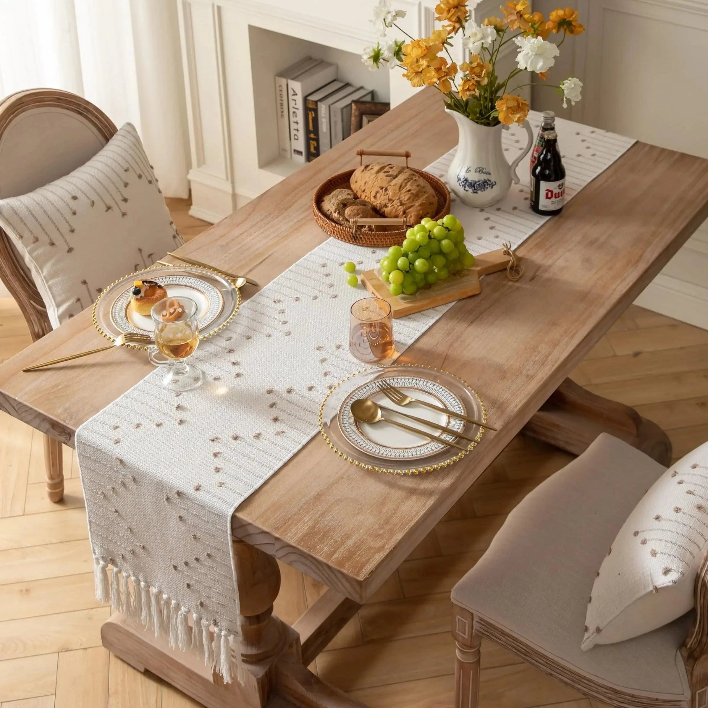 Chemin de Table Motif Boheme - Tissage Coton Brodé Franges