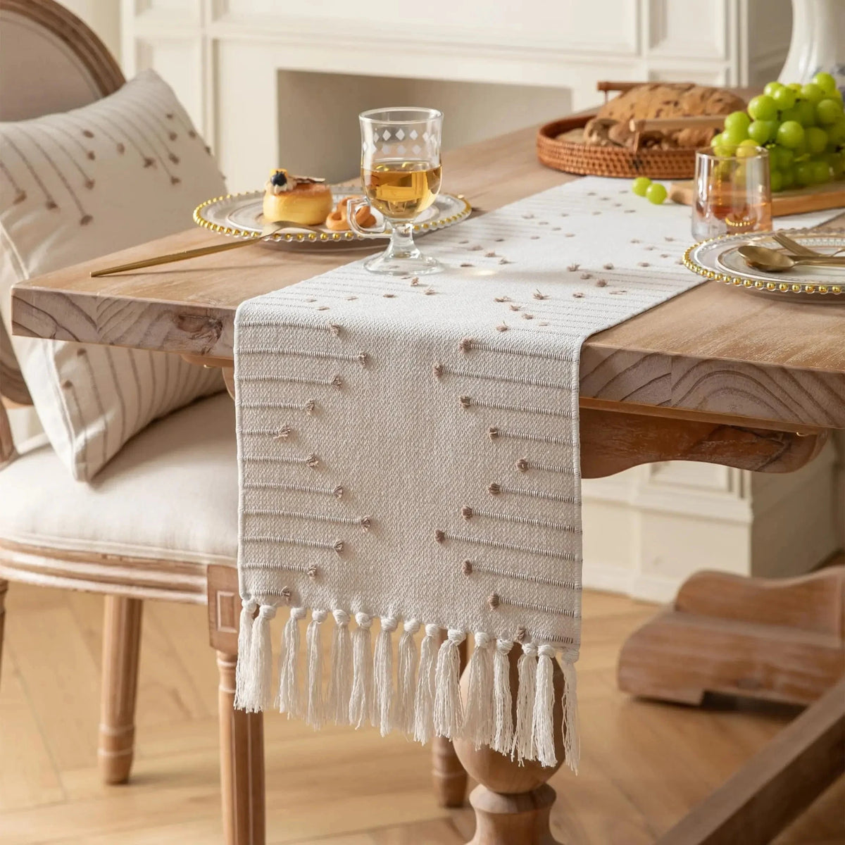 Chemin de Table Motif Boheme - Tissage Coton Brodé Franges