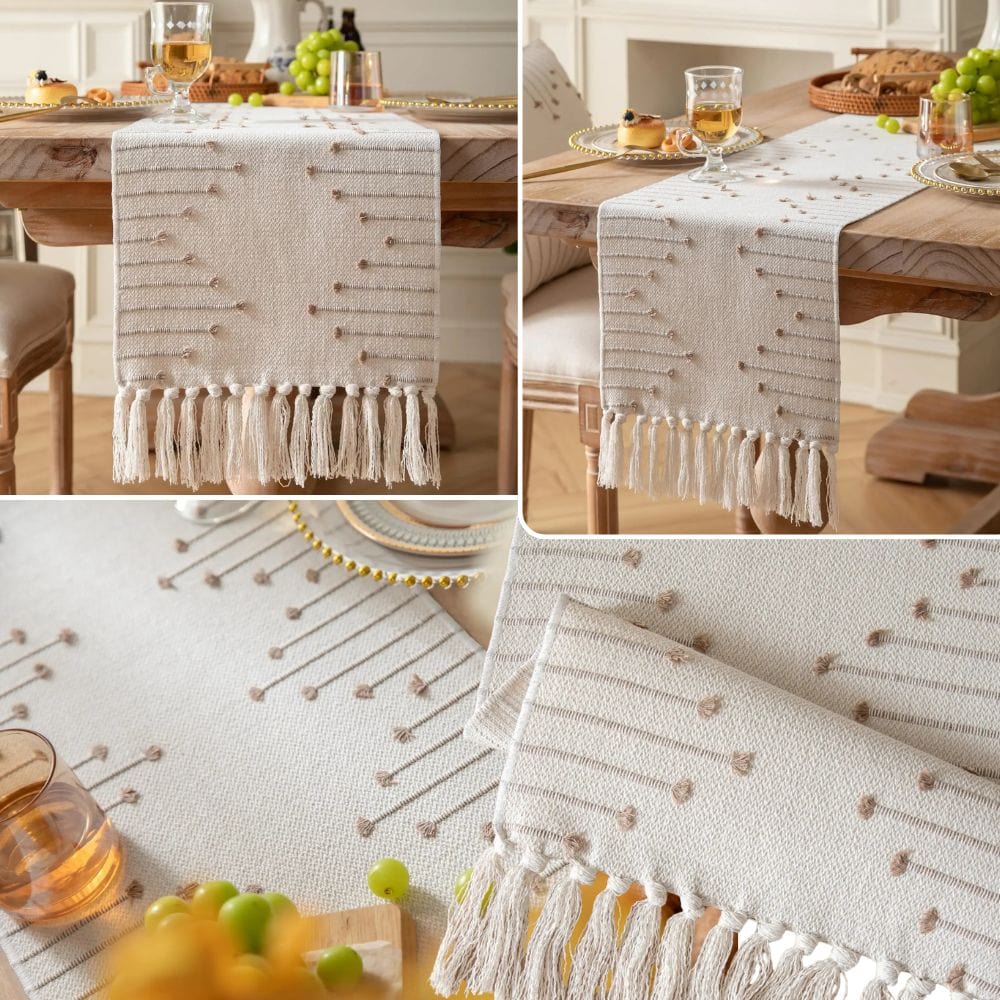 Chemin de Table Motif Boheme - Tissage Coton Brodé Franges