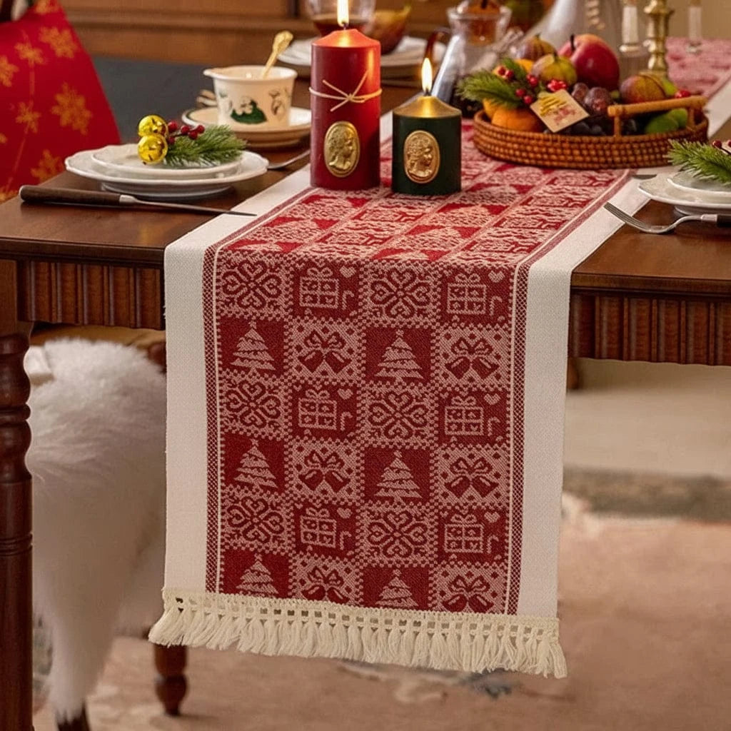 Chemin de Table Motifs Pull de Noël Rouge - Tricot Festif