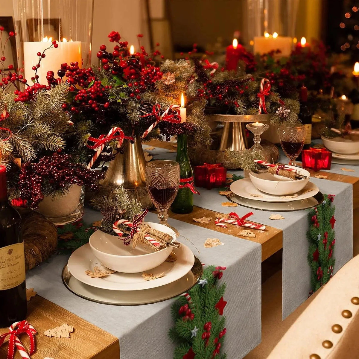 Chemin de Table Noël avec Branche de Sapin - Lin Naturel Festif