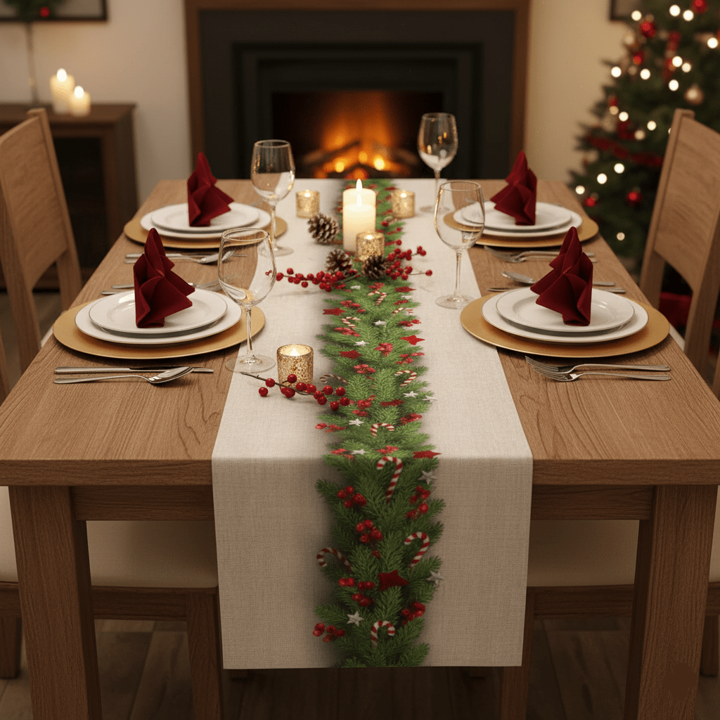 Chemin de Table Noël avec Branche de Sapin - Lin Naturel Festif