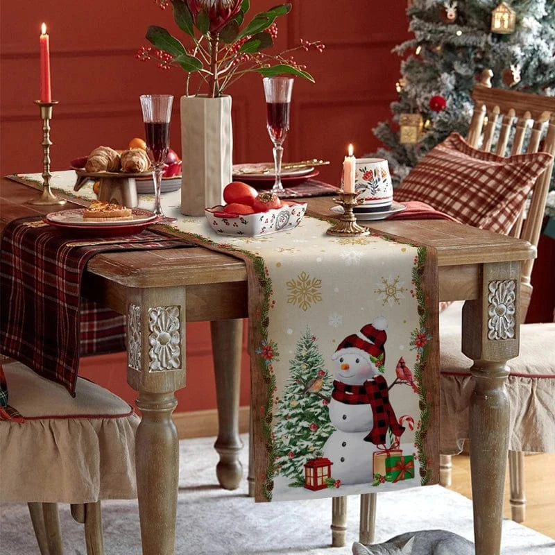 Chemin de Table Noël Beige et Bonhomme Neige - Lin Festif