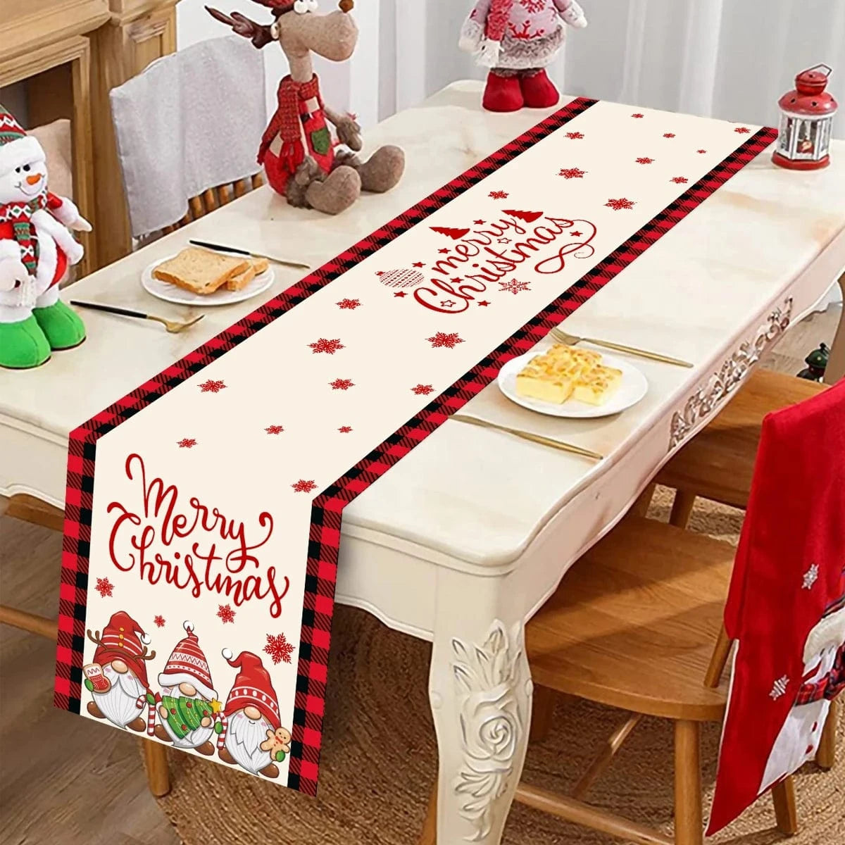 Chemin de Table Noël Blanc - Déco Gnomes et Merry Christmas