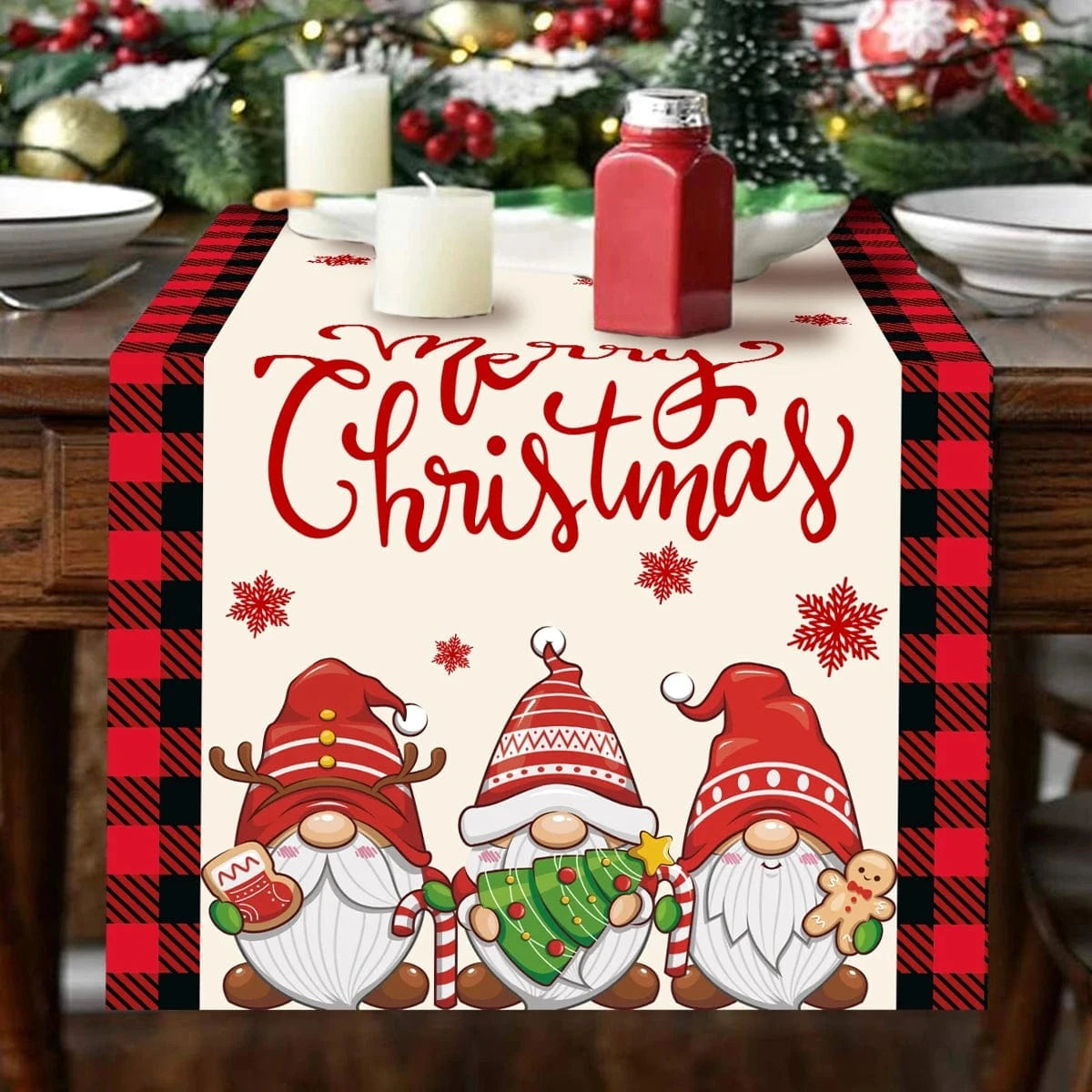 Chemin de Table Noël Blanc - Déco Gnomes et Merry Christmas