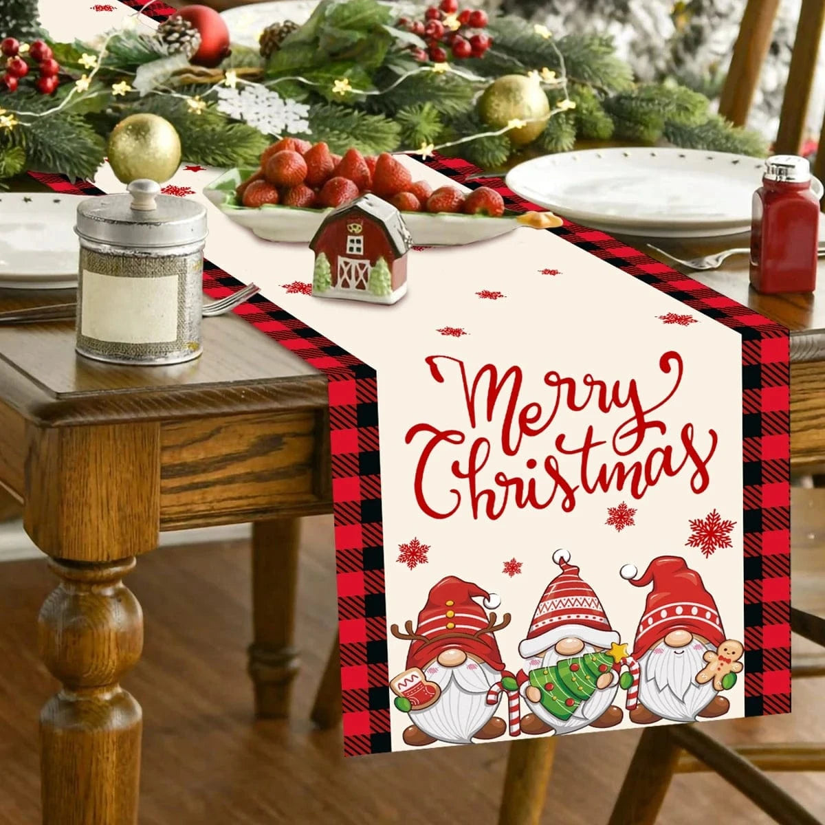 Chemin de Table Noël Blanc - Déco Gnomes et Merry Christmas