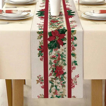 Chemin de Table Noël Rouge et Blanc - Poinsettias Lin Élégant