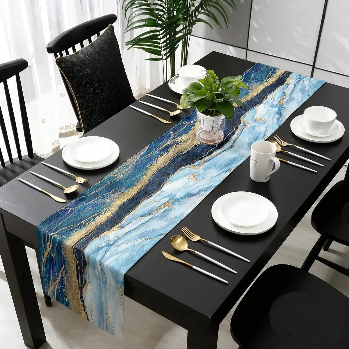 Chemin de Table Ocean - Effet Marbre Bleu Doré Luxueux