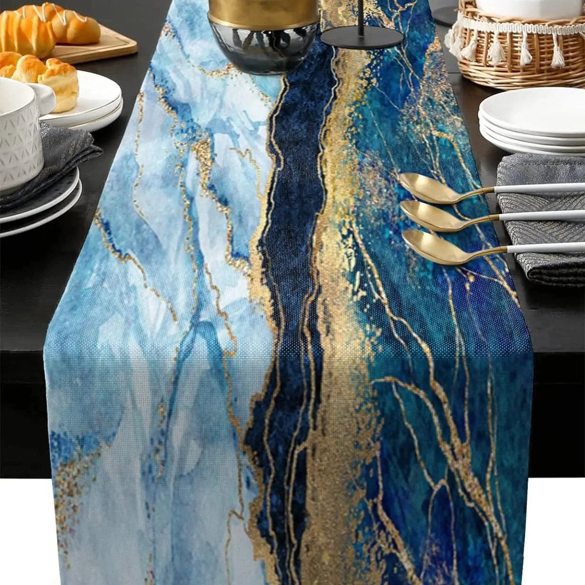 Chemin de Table Ocean - Effet Marbre Bleu Doré Luxueux