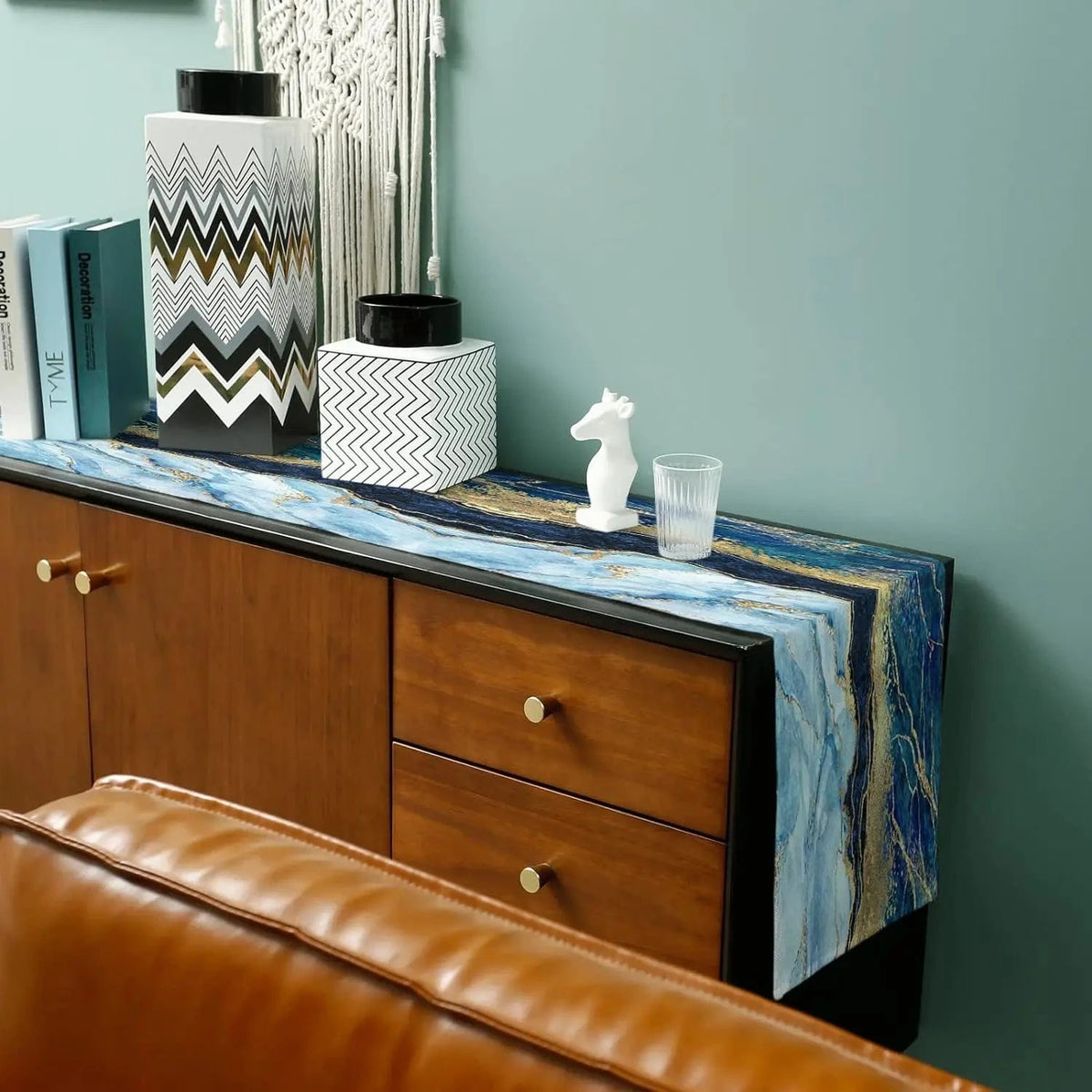 Chemin de Table Ocean - Effet Marbre Bleu Doré Luxueux