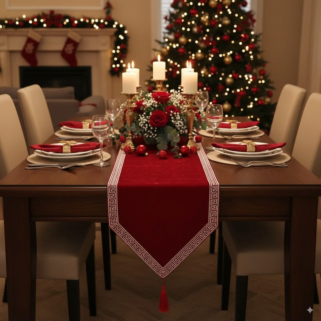 Chemin de Table Rouge Noël - Luxe Velours Sophistiqué Premium