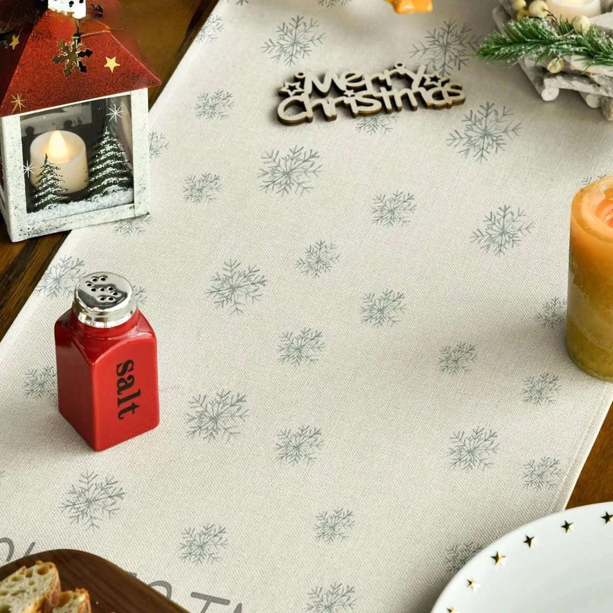 Chemin de Table Sapin - Design Moderne en Lin Blanc Noël