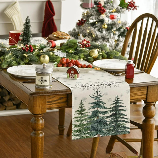 Chemin de Table Sapin - Design Moderne en Lin Blanc Noël