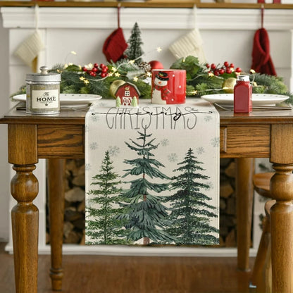Chemin de Table Sapin - Design Moderne en Lin Blanc Noël