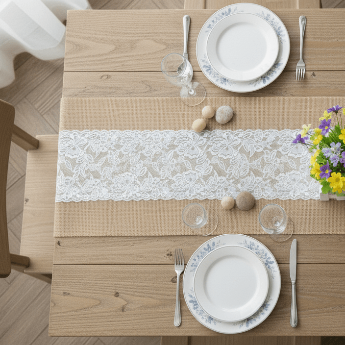 Chemin de Table Toile de Jute Dentelle Florale - Romantique