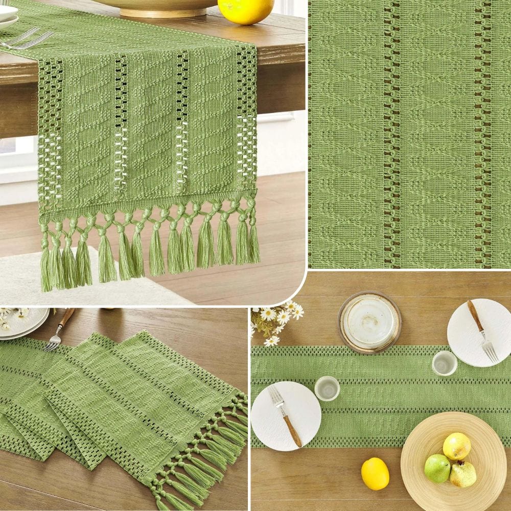 Chemin de Table Vert Olive - Tissage Méditerranéen Sophistiqué