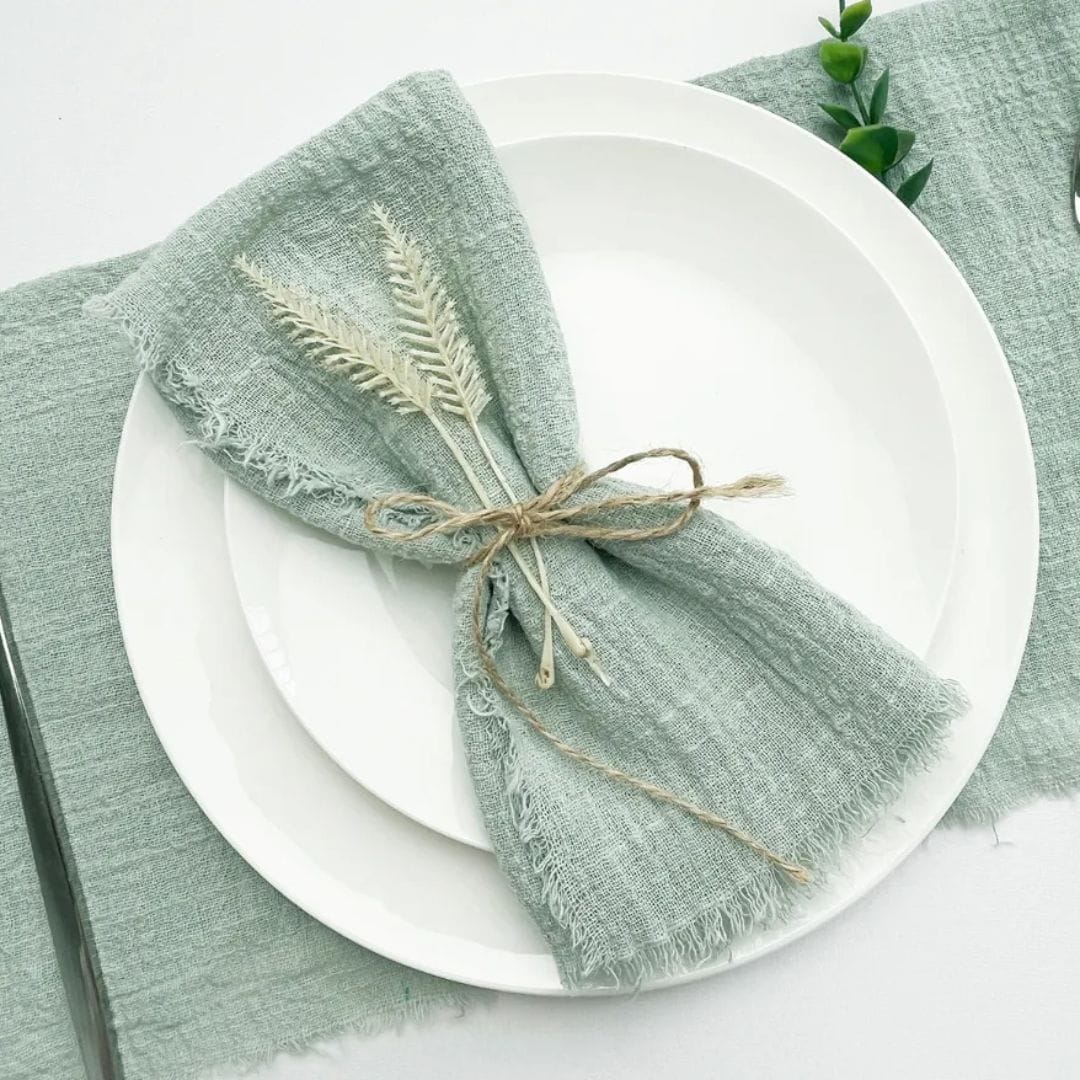 Serviettes de Table Vertes et Effilochées - Lot de 10