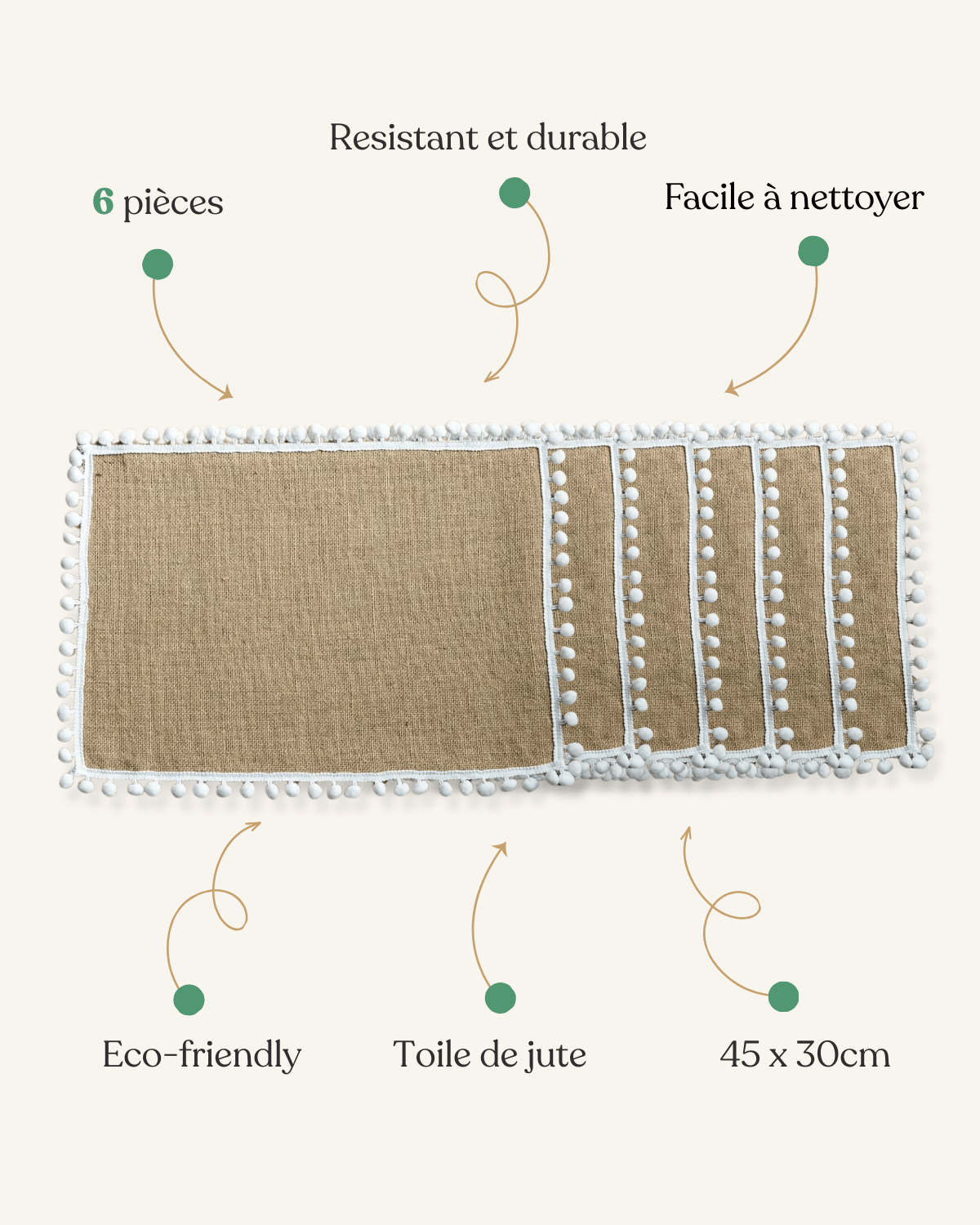 Set de Table Jute Pompons - Naturel Bohème Beige - Lot de 6