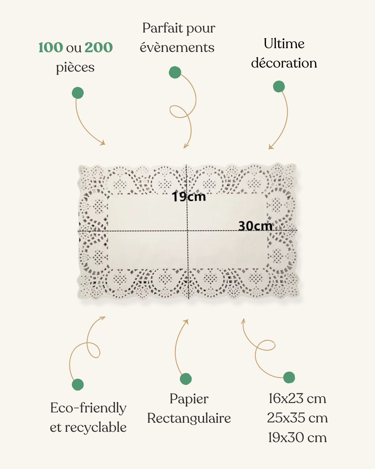 Napperon Papier Dentelle Rectangulaire - 3 Tailles - Lot de 100