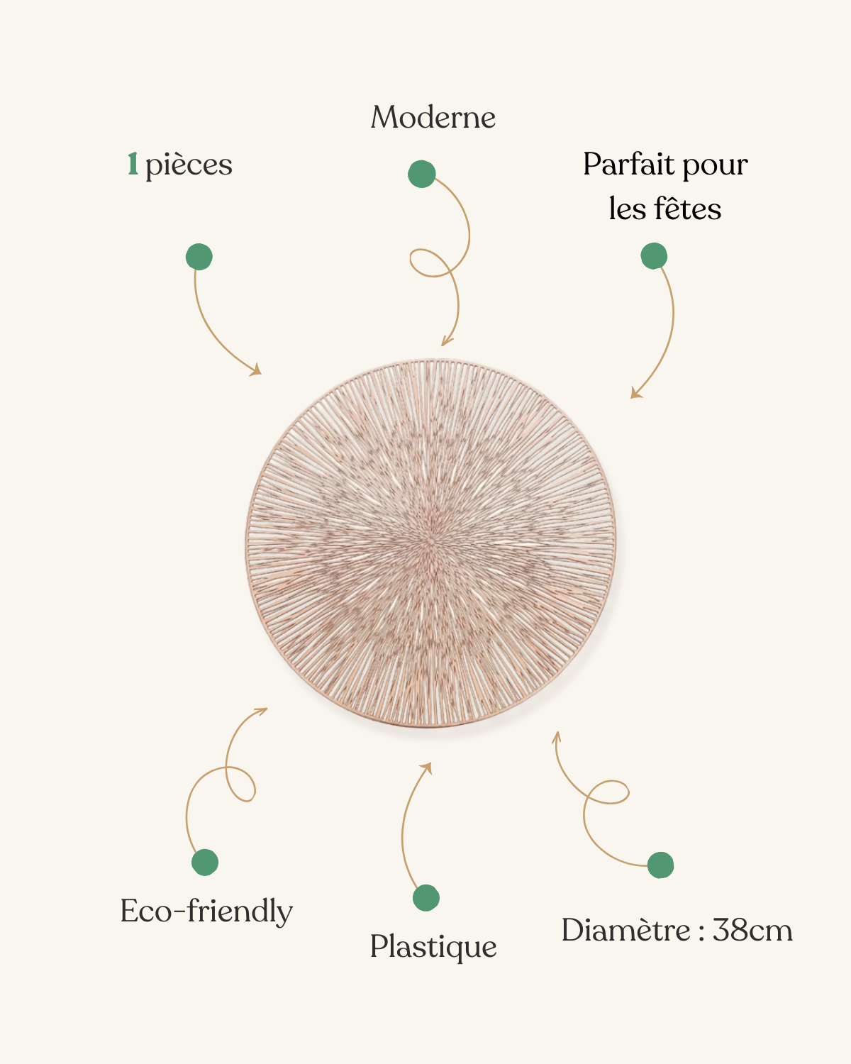 Set de Table Rond Rayonnant - Plastique Doré Argenté Chic